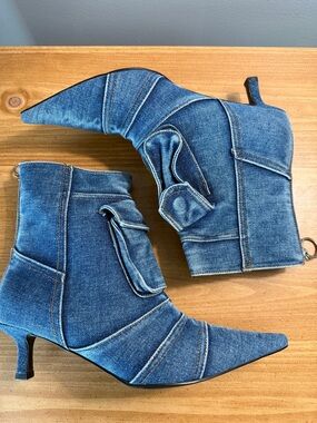 Amazon Denim Pointed Toe Kitten Heel Ankle Boots - Blue
